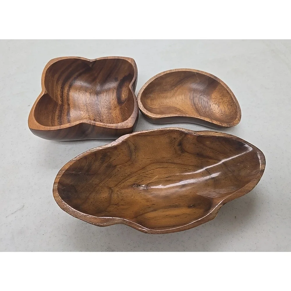 Lot of 3 Vintage Monkey Pod MCM Handmade in Philippines Wooden Serving Dish Bowl